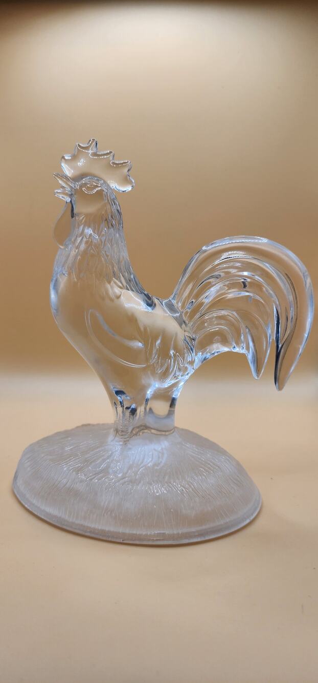Clear Art Glass Rooster Figurine 7" Frosted Textured Base Heavy Chicken Decor